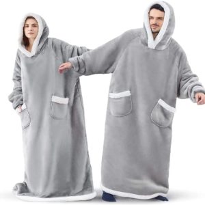 Grey Oversized Hoodie Blanket Wearable Blanket with Pockets