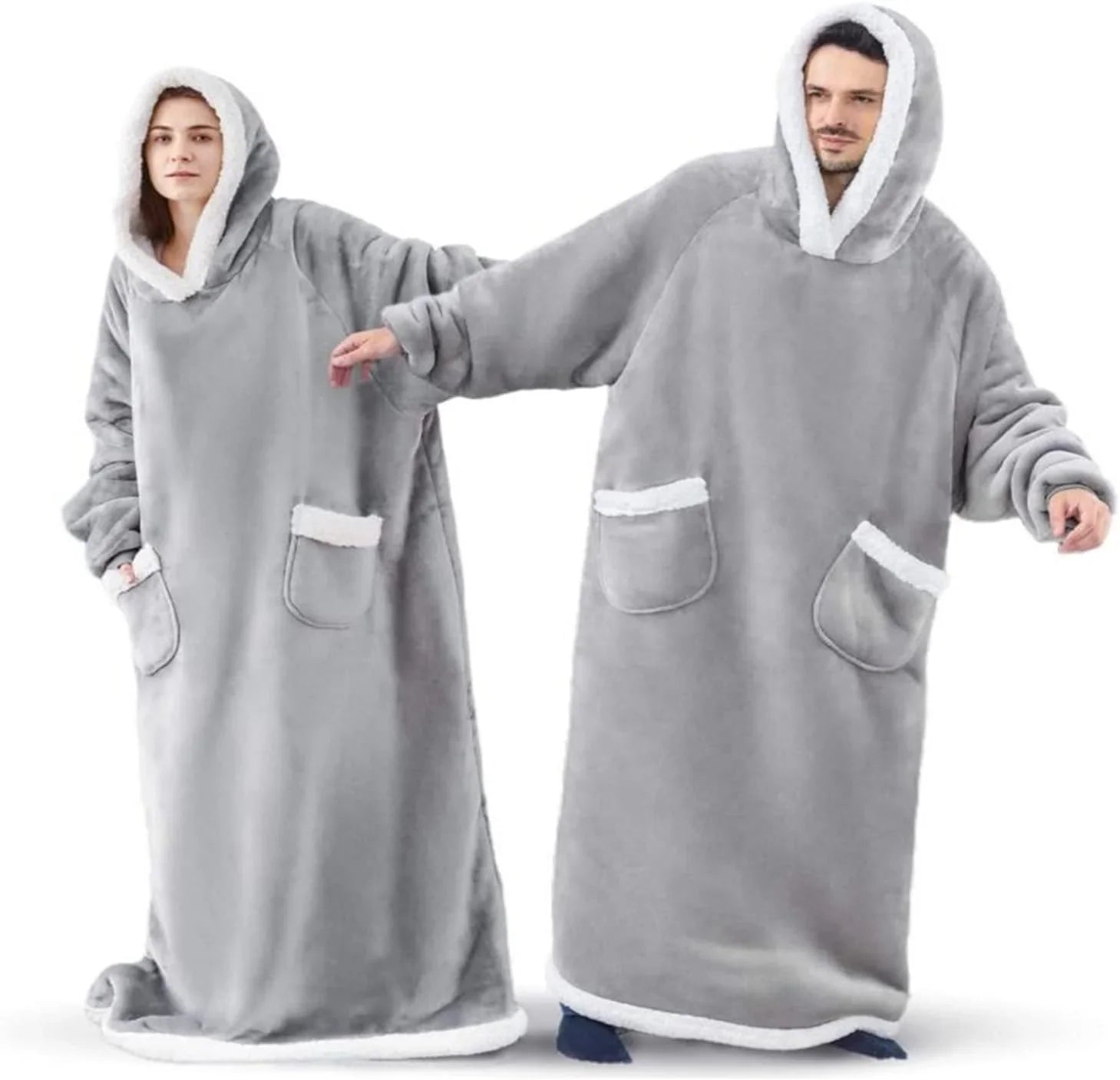 Grey Oversized Hoodie Blanket Wearable Blanket with Pockets
