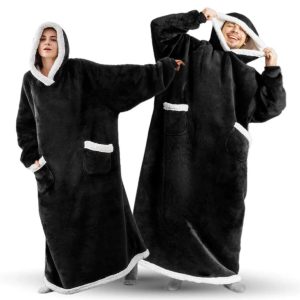 Black Oversized Hoodie Blanket Wearable Blanket with Pockets